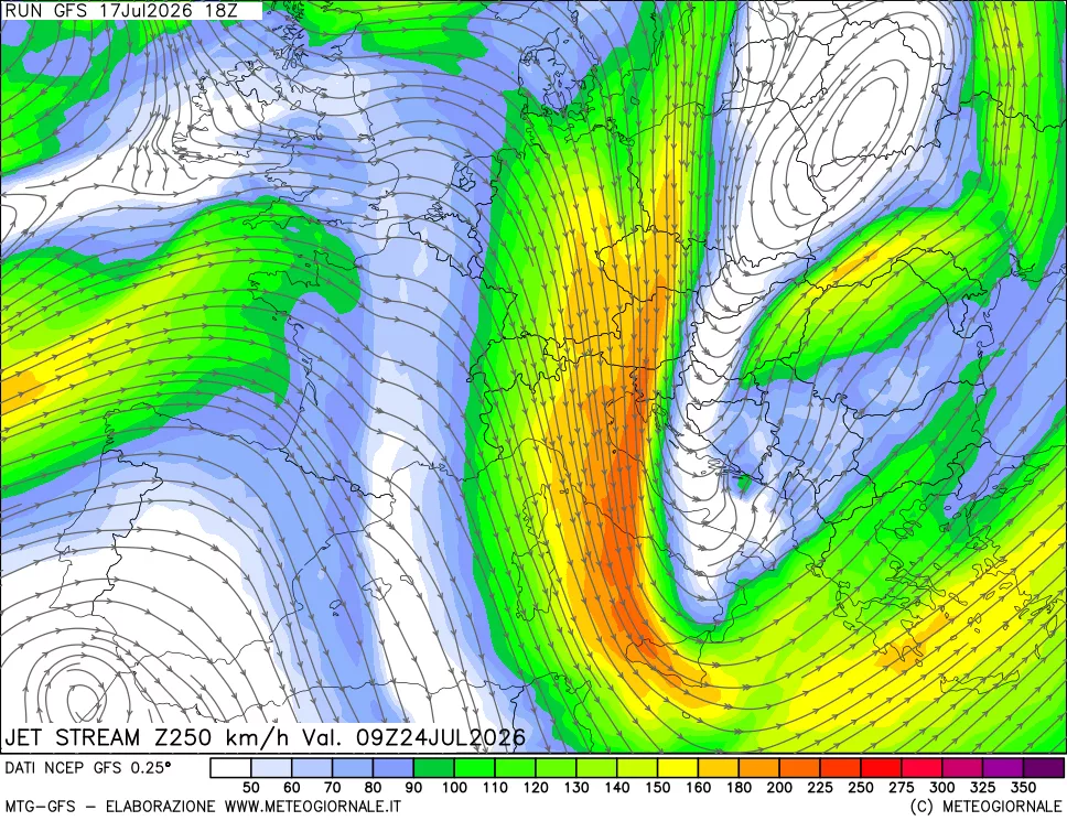 mappa 250 hPa Jet stream