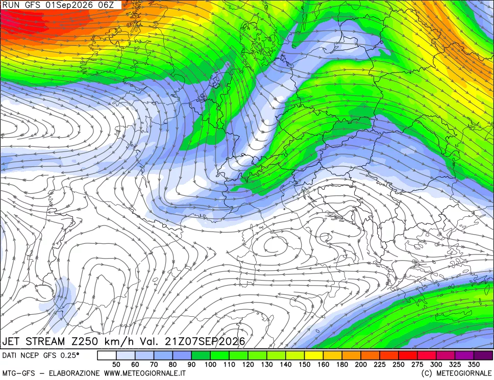 mappa 250 hPa Jet stream