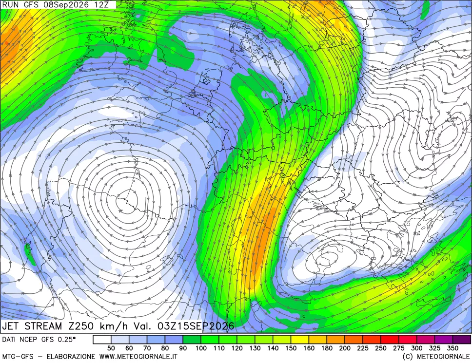 mappa 250 hPa Jet stream