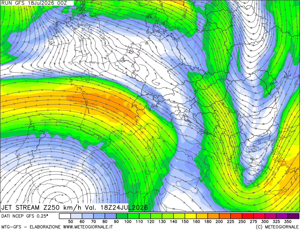 mappa 250 hPa Jet stream