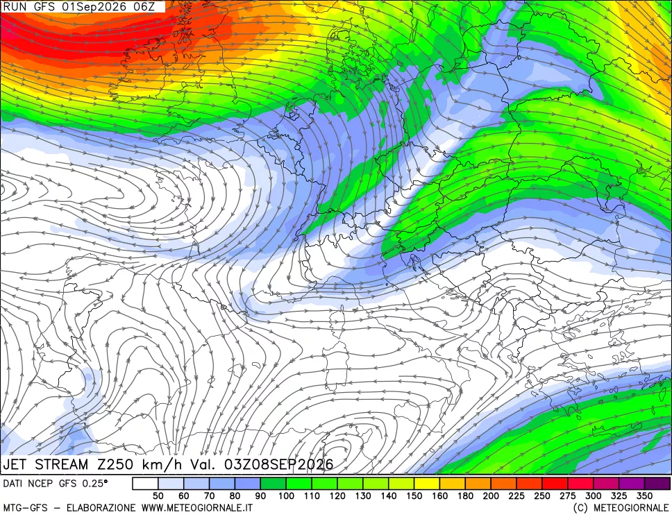 mappa 250 hPa Jet stream