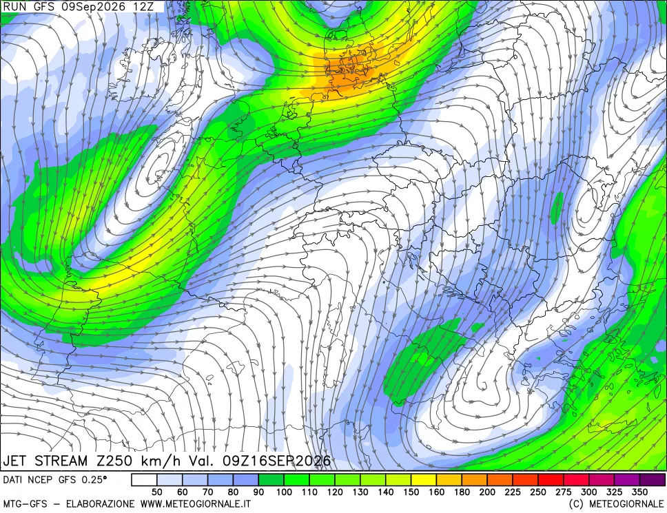 mappa 250 hPa Jet stream