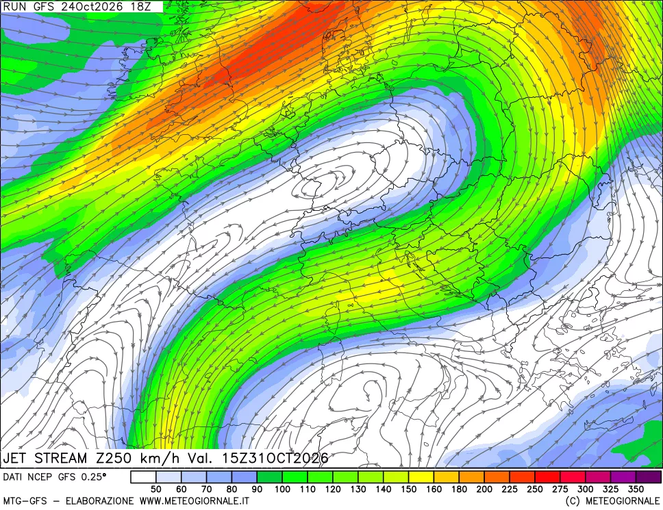 mappa 250 hPa Jet stream