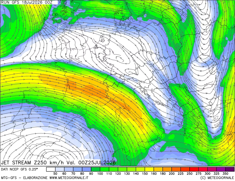mappa 250 hPa Jet stream