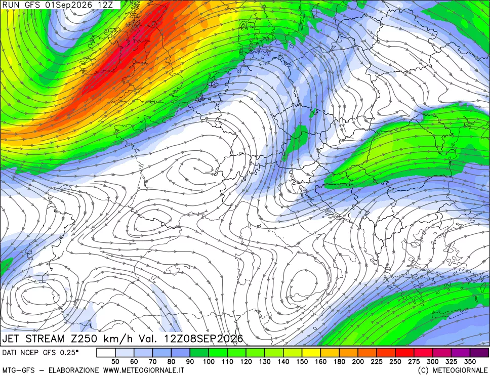mappa 250 hPa Jet stream