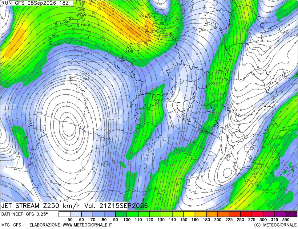 mappa 250 hPa Jet stream