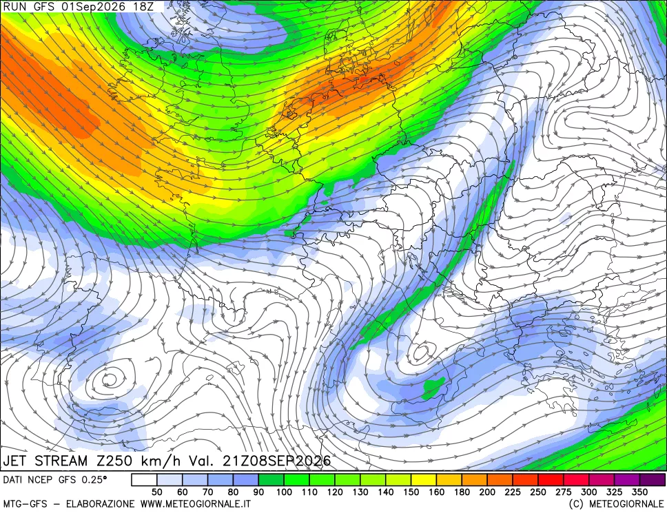 mappa 250 hPa Jet stream