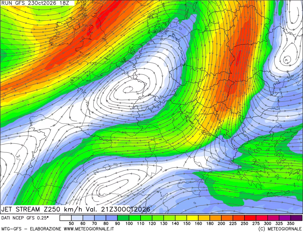 mappa 250 hPa Jet stream