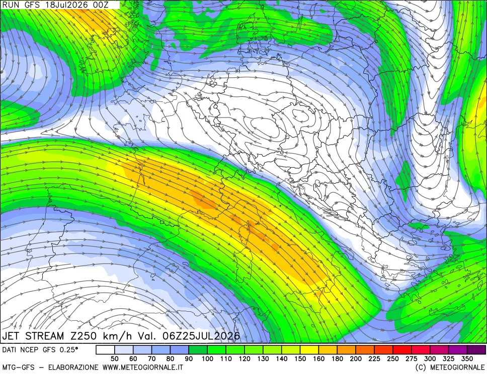 mappa 250 hPa Jet stream