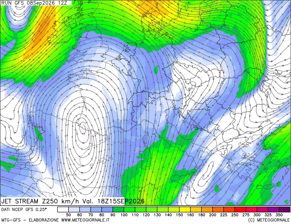 mappa 250 hPa Jet stream