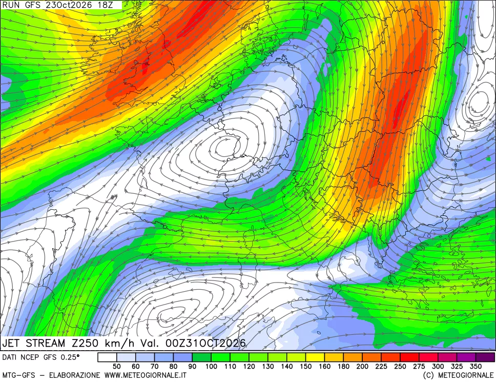 mappa 250 hPa Jet stream