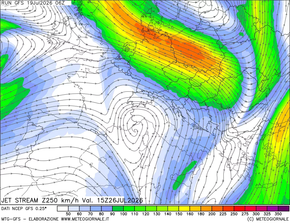 mappa 250 hPa Jet stream