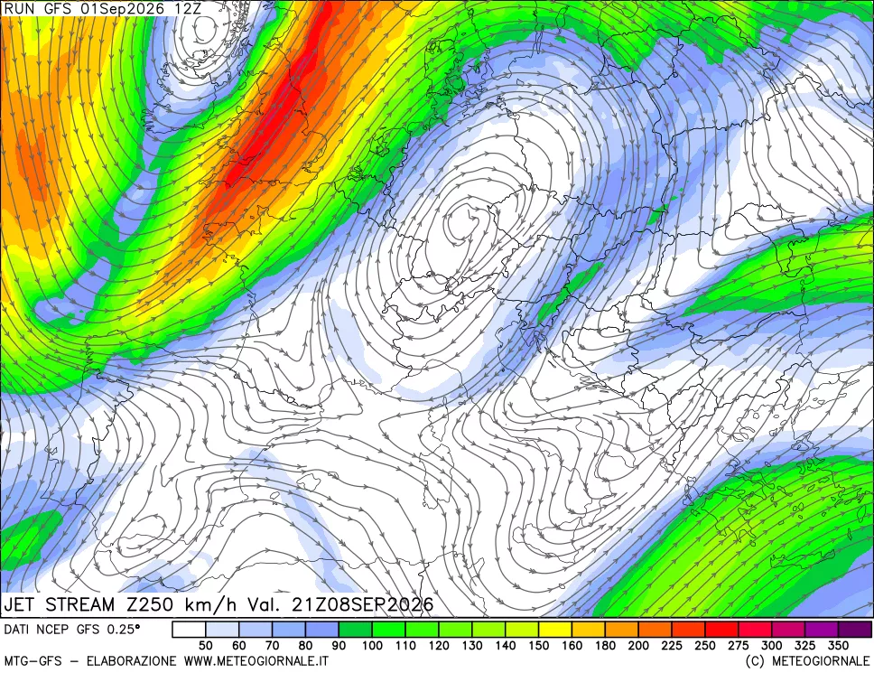mappa 250 hPa Jet stream