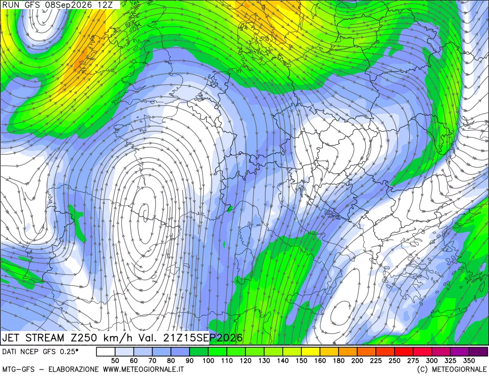 mappa 250 hPa Jet stream