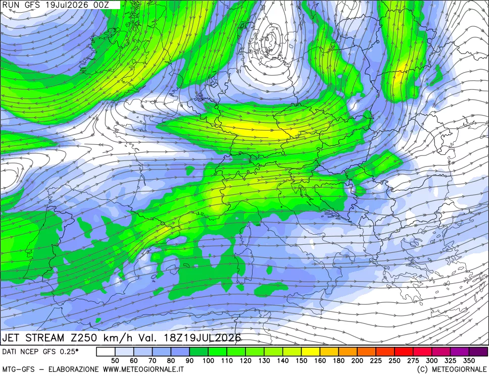 mappa 250 hPa Jet stream