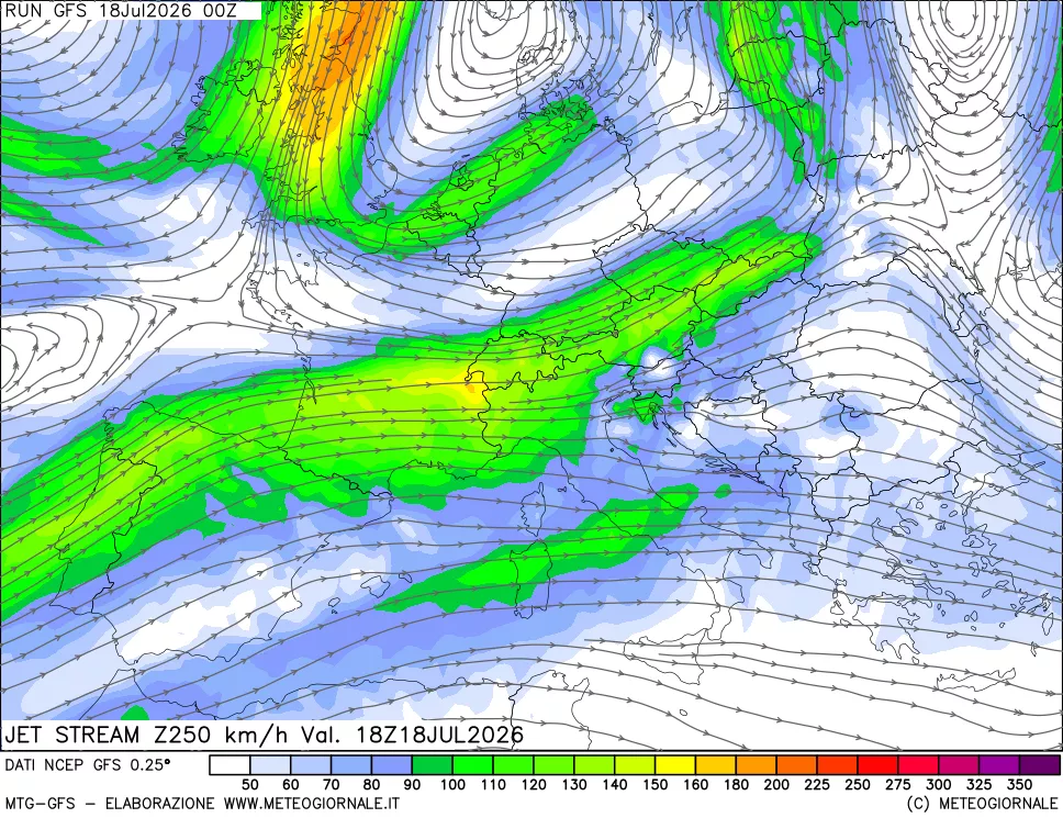 mappa 250 hPa Jet stream