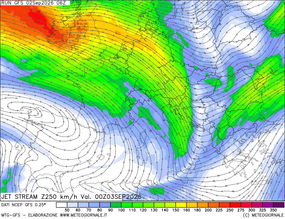 mappa 250 hPa Jet stream