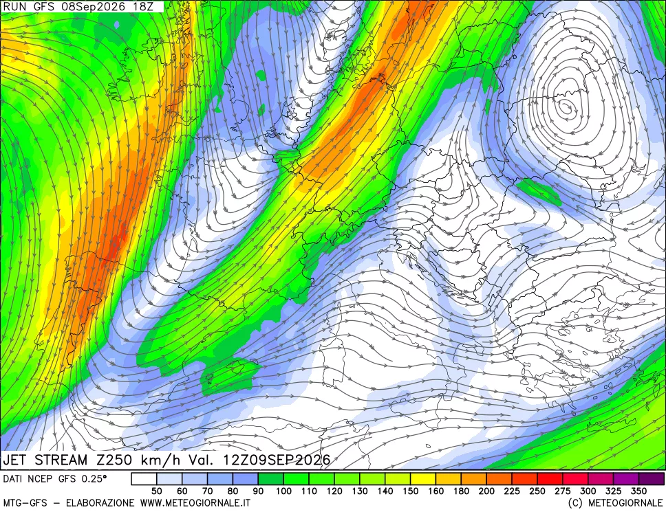 mappa 250 hPa Jet stream