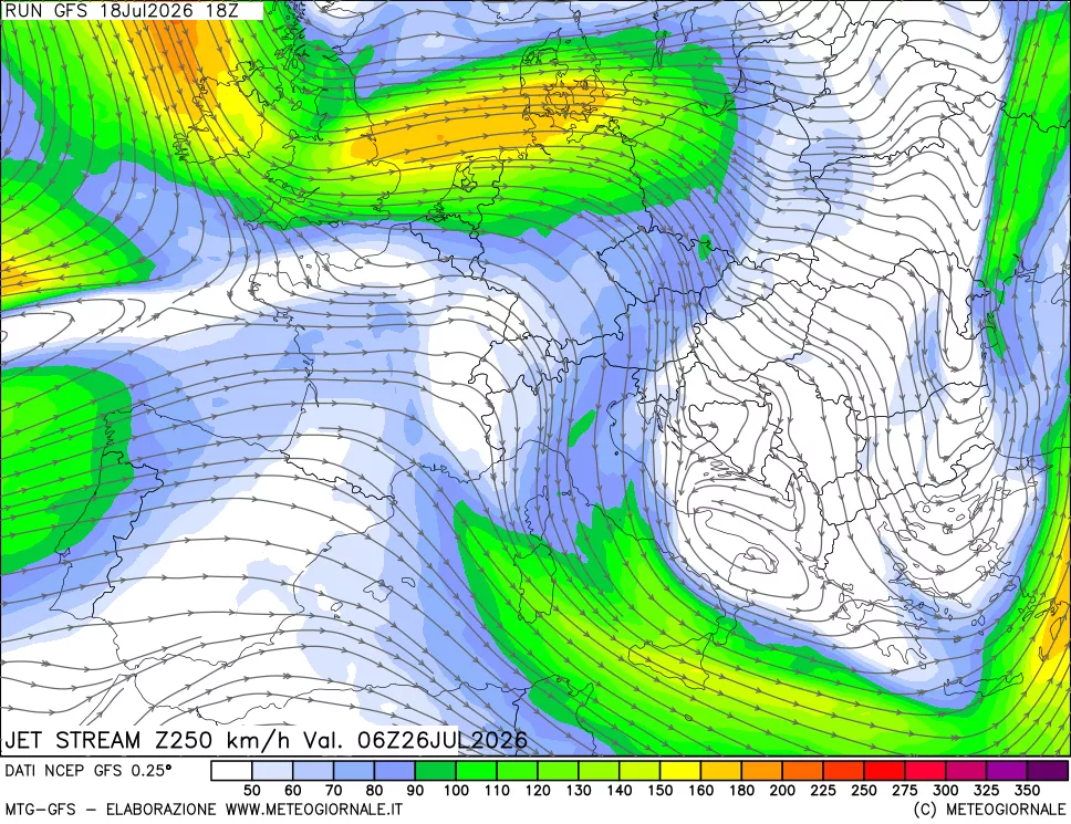 mappa 250 hPa Jet stream