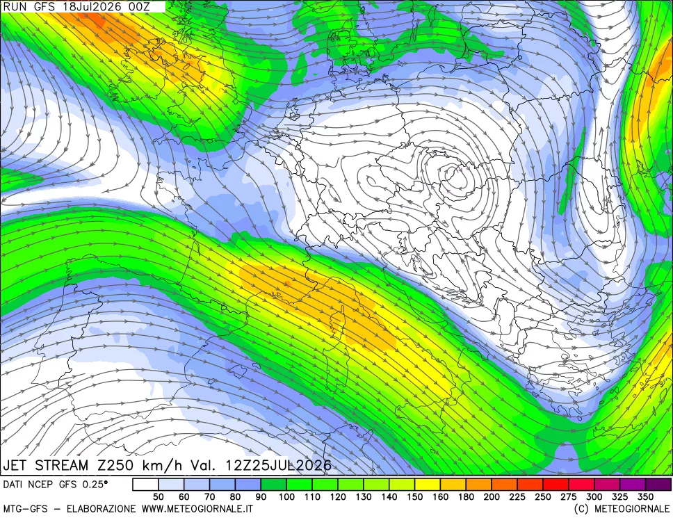 mappa 250 hPa Jet stream
