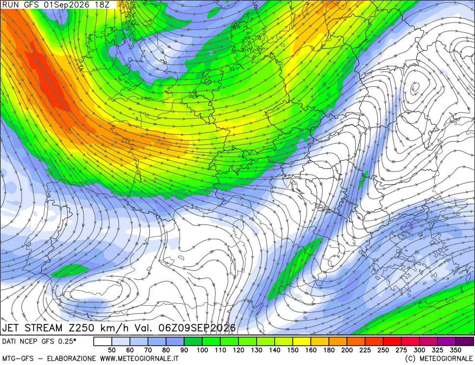 mappa 250 hPa Jet stream