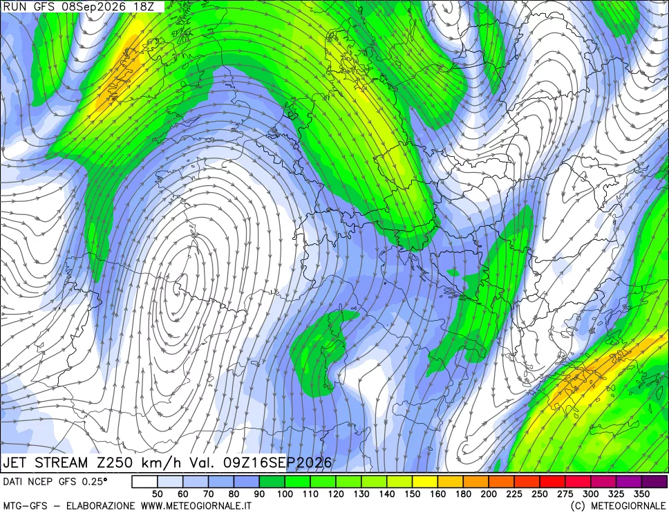 mappa 250 hPa Jet stream