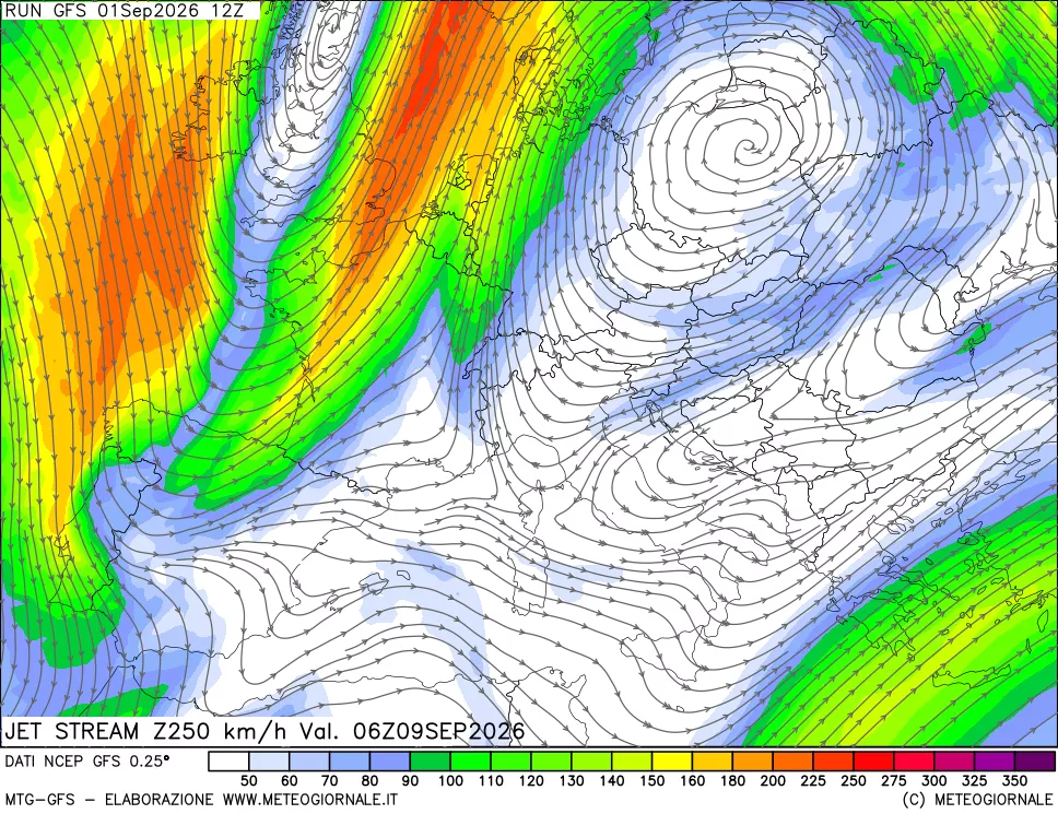 mappa 250 hPa Jet stream