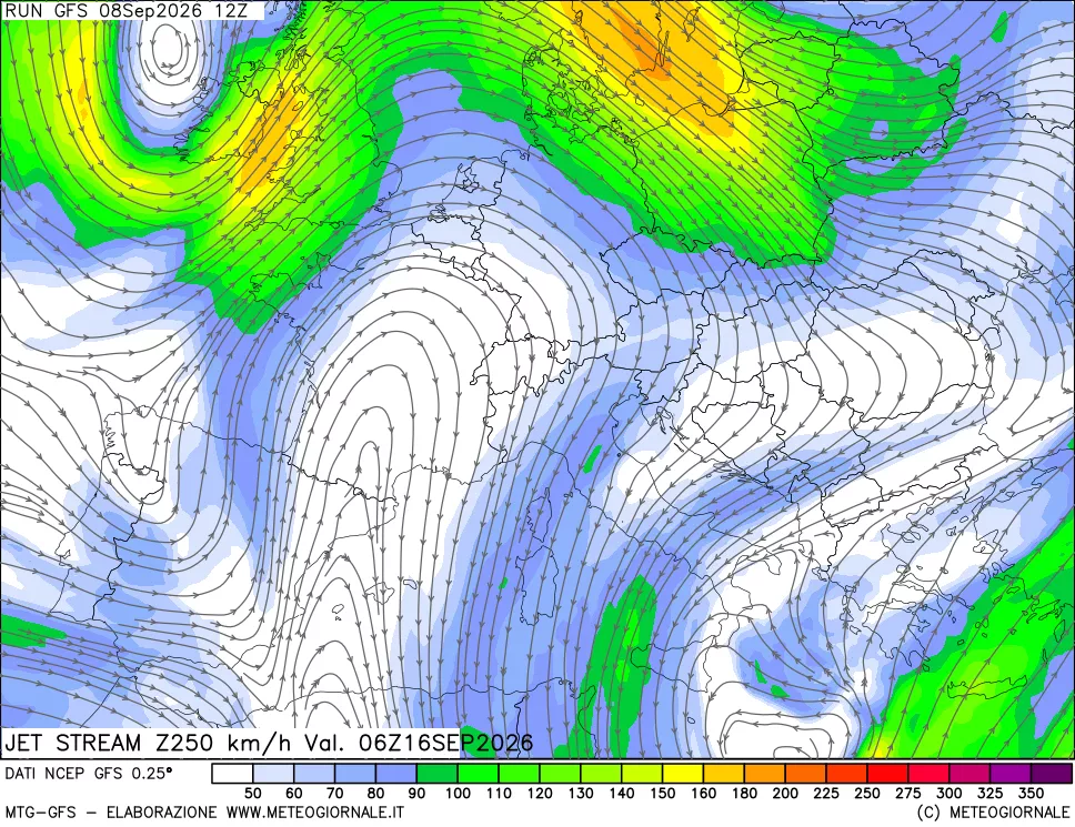 mappa 250 hPa Jet stream