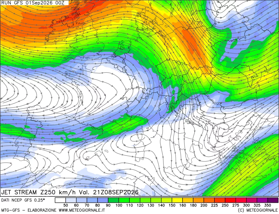mappa 250 hPa Jet stream