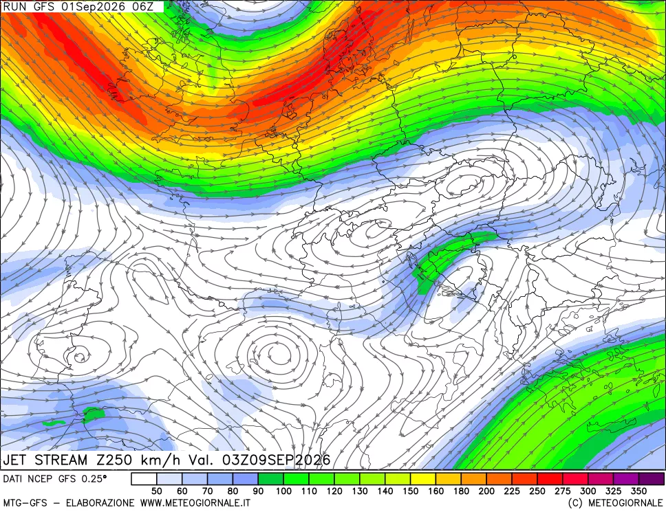 mappa 250 hPa Jet stream