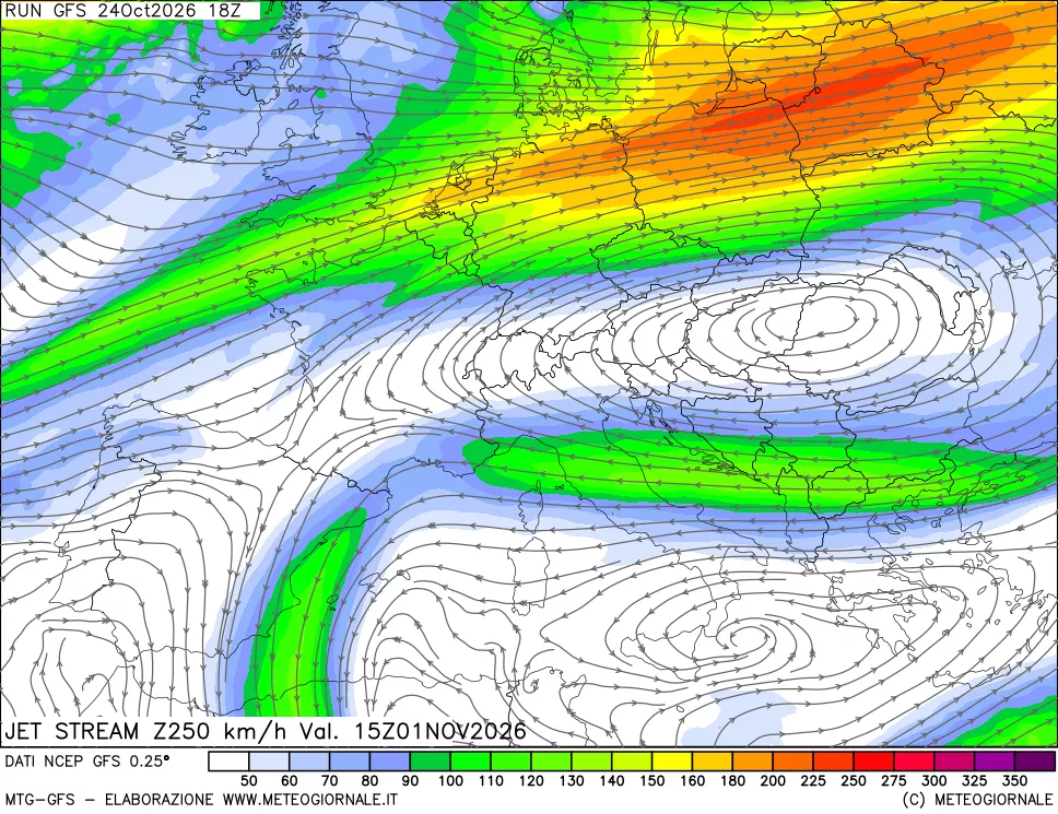 mappa 250 hPa Jet stream