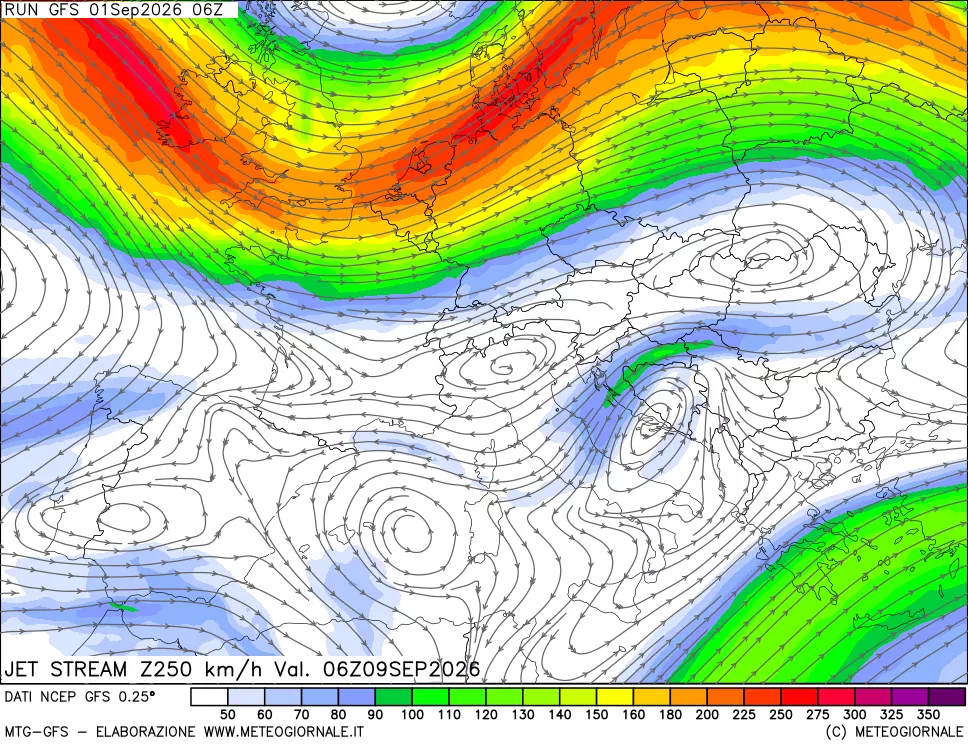mappa 250 hPa Jet stream