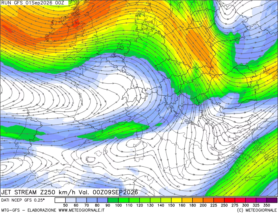 mappa 250 hPa Jet stream