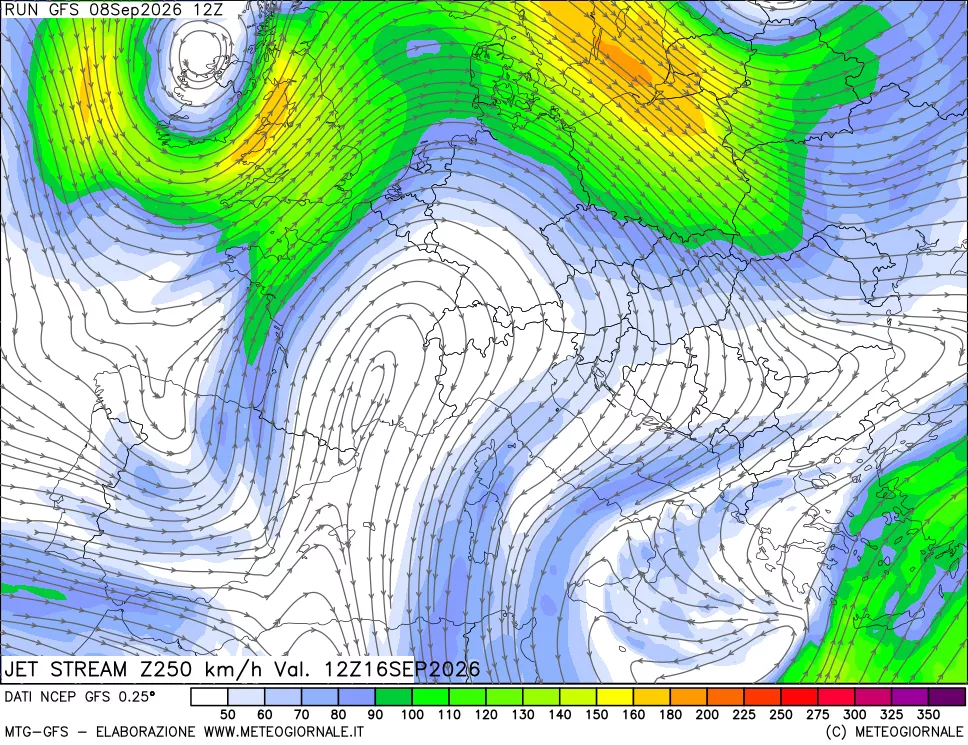 mappa 250 hPa Jet stream