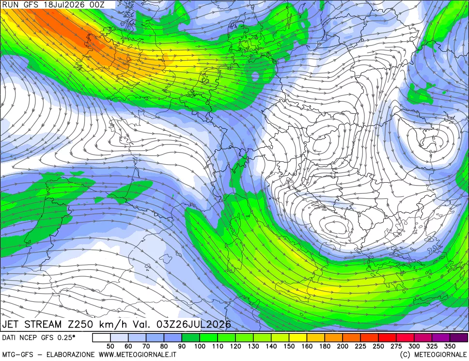 mappa 250 hPa Jet stream