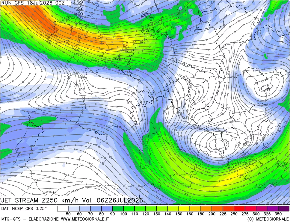mappa 250 hPa Jet stream