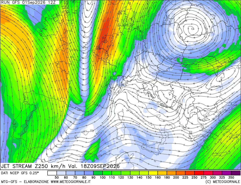 mappa 250 hPa Jet stream