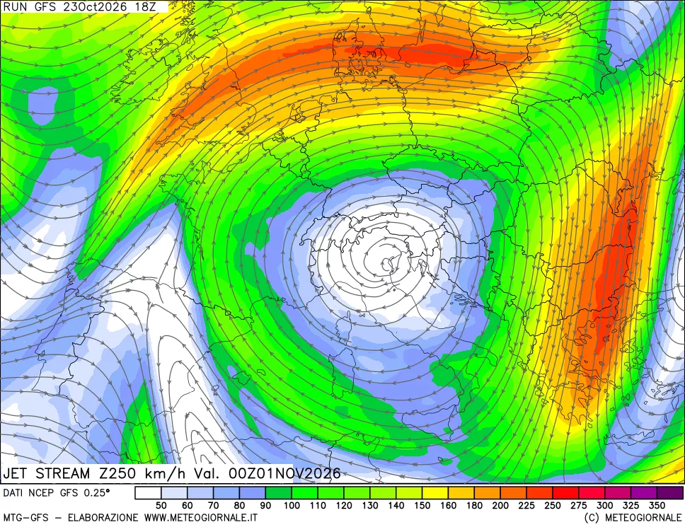 mappa 250 hPa Jet stream
