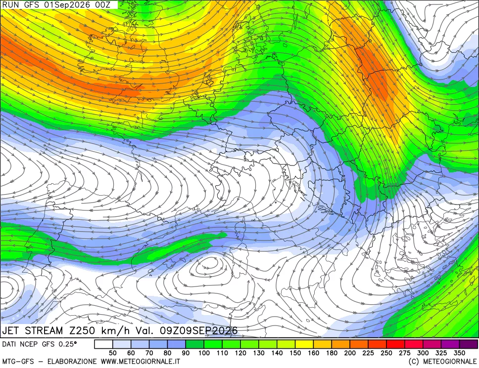 mappa 250 hPa Jet stream