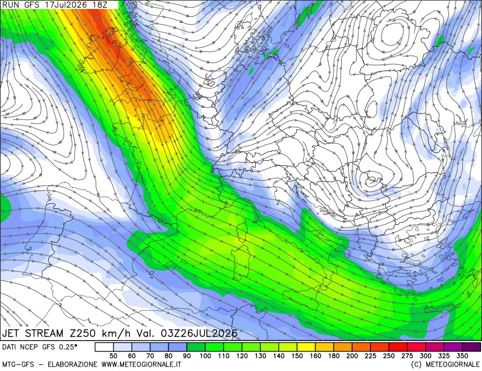 mappa 250 hPa Jet stream