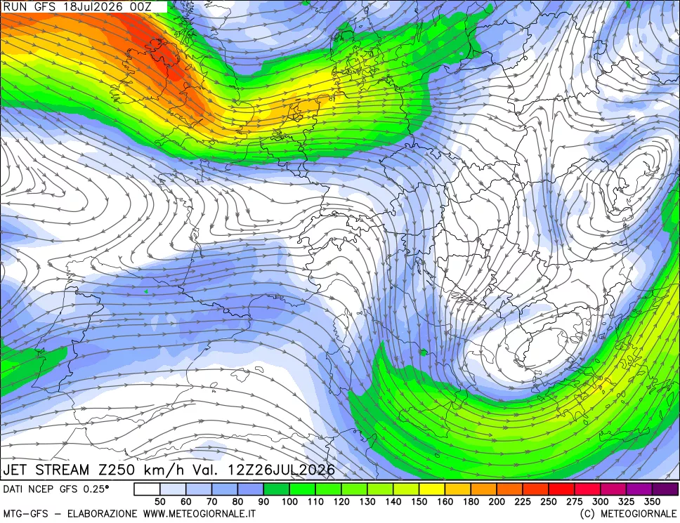 mappa 250 hPa Jet stream