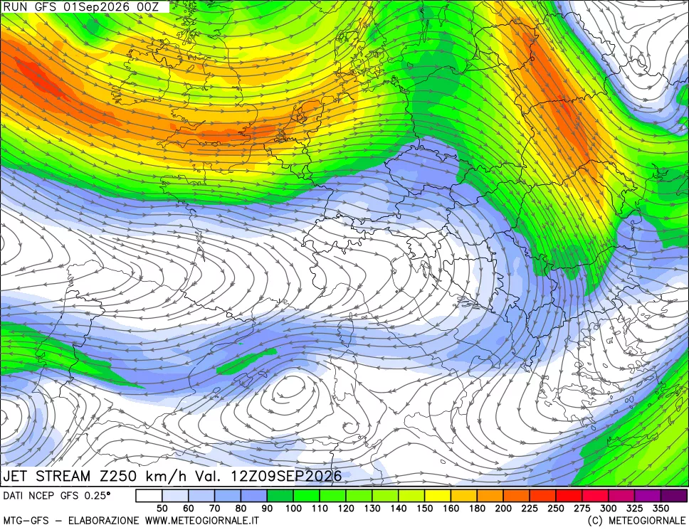 mappa 250 hPa Jet stream
