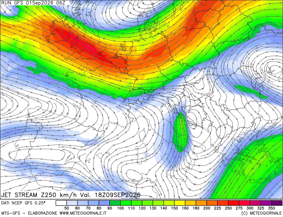 mappa 250 hPa Jet stream