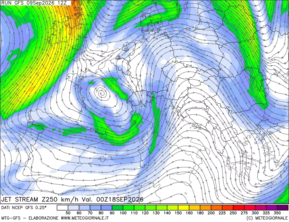 mappa 250 hPa Jet stream