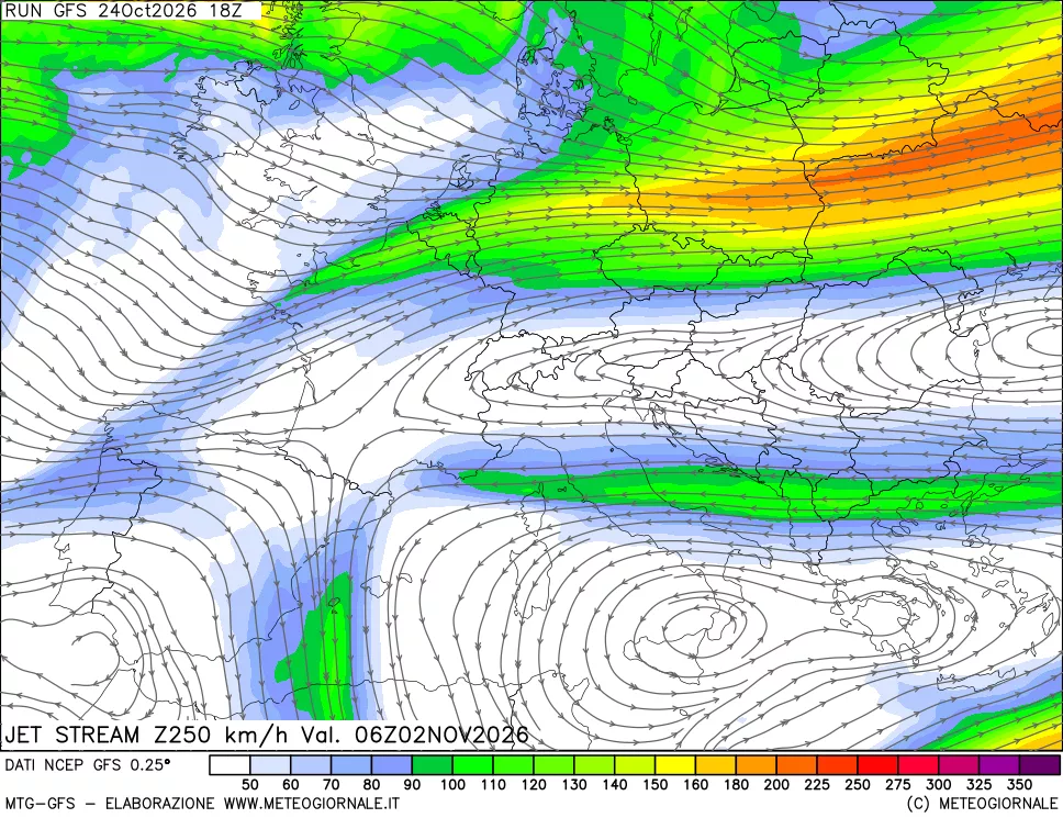 mappa 250 hPa Jet stream