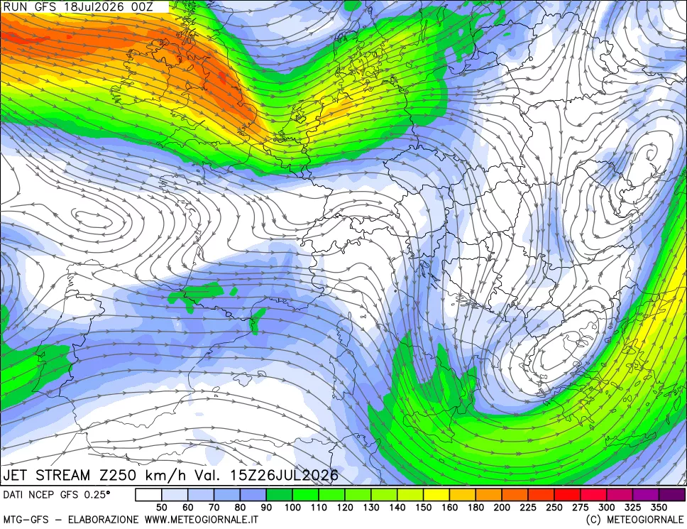 mappa 250 hPa Jet stream