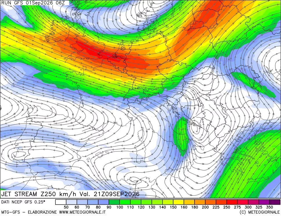 mappa 250 hPa Jet stream
