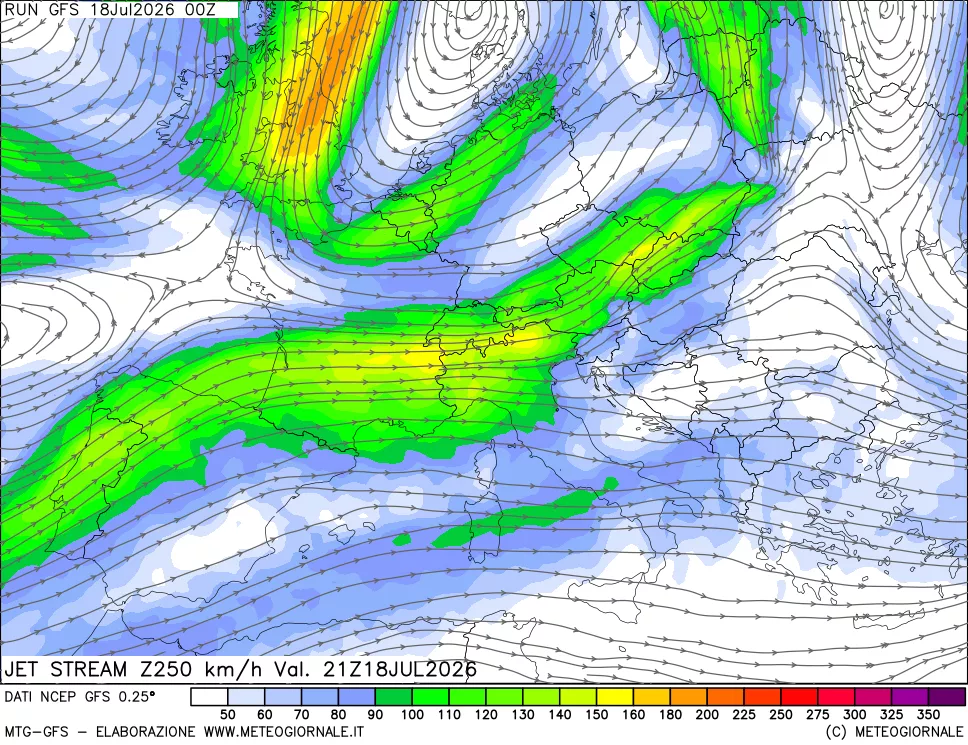 mappa 250 hPa Jet stream