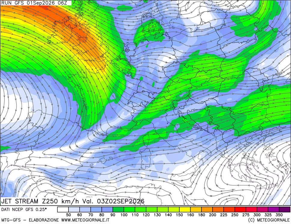 mappa 250 hPa Jet stream
