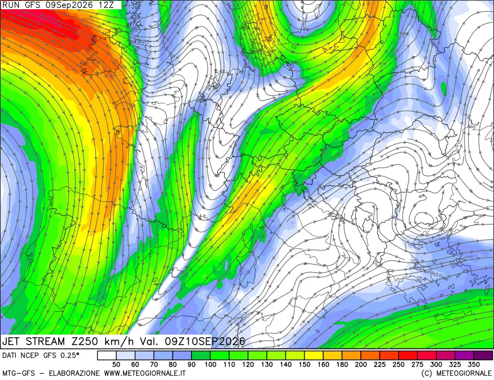 mappa 250 hPa Jet stream